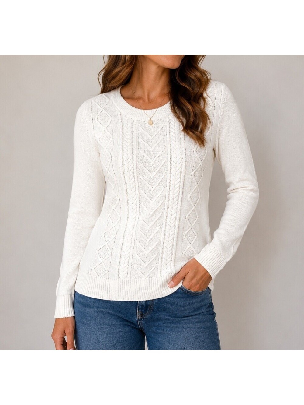 LOFT Ivory Cable Knit Cotton Sweater Women’s Small Crochet Crewneck Coastal